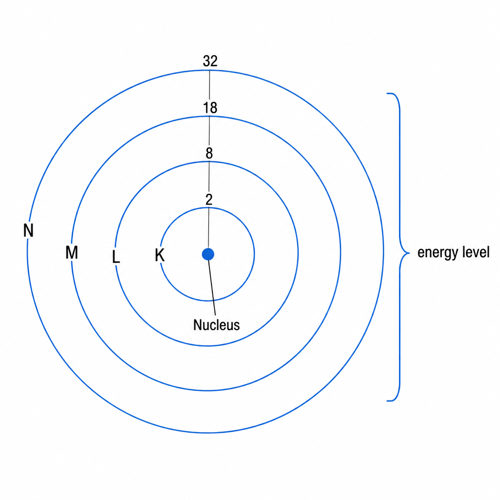 The K, L, M and N shells counting outward from the nucleus, with the number of electrons each one can hold.