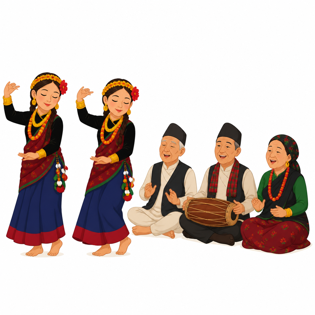 घाटु नाच्ने केटीहरू र छेउमा बसेर गाउने गाइने । यो नाच कसरी प्रस्तुत हुन्छ भन्ने यसै दृश्यबाट बुझिन्छ ।
