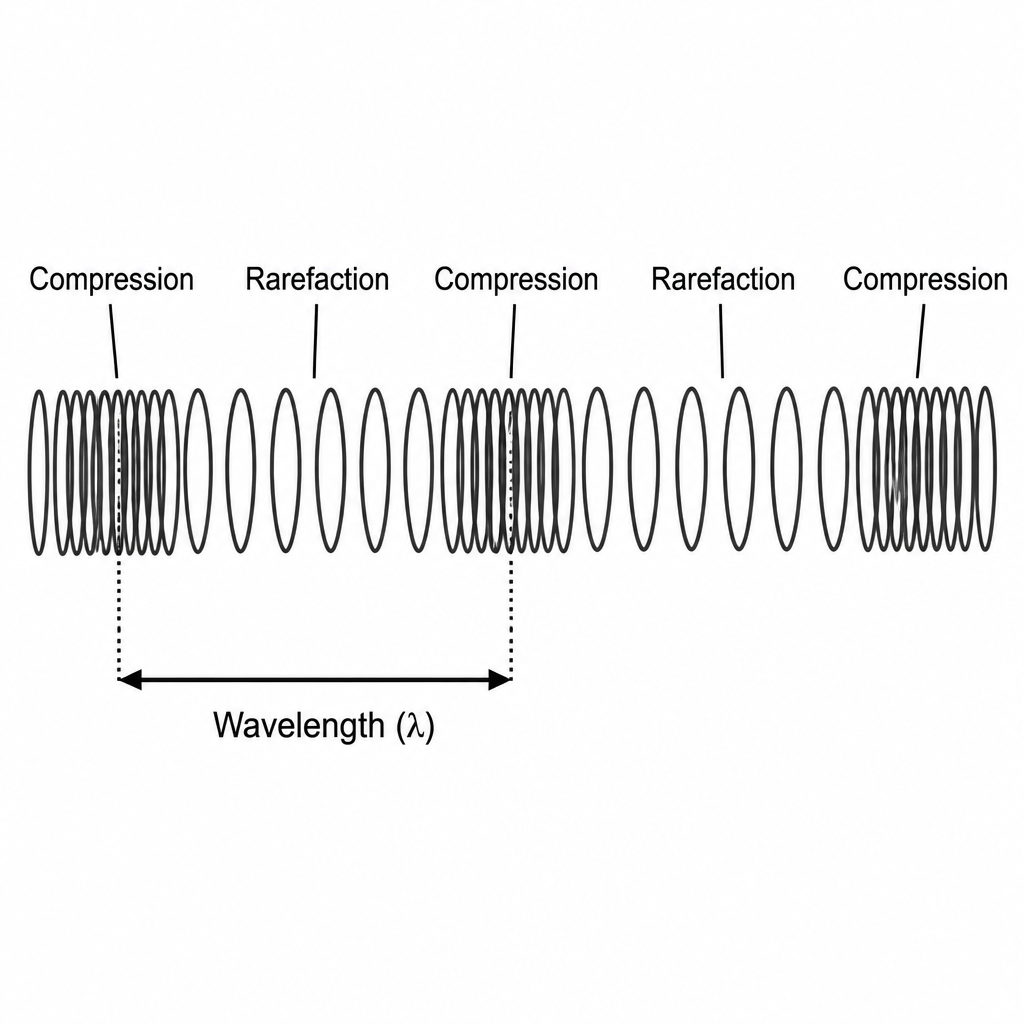 The squeezed sections are compressions and the spread out sections are rarefactions. The distance from the middle of one compression to the middle of the next is one wavelength.