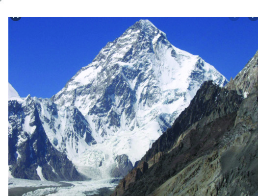 Mt. K2, the second highest peak at 8,611 metres, rising above the Godwin Austen Glacier.