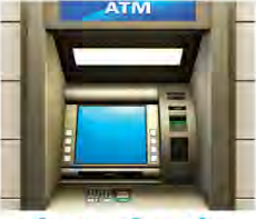 An ATM machine, with the screen, the keypad, the card slot and the cash tray all set into one panel.