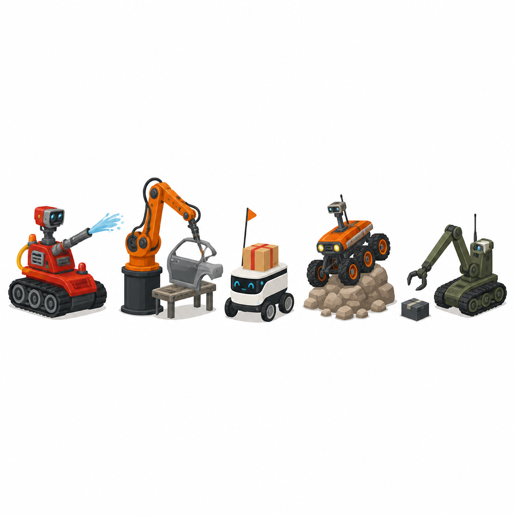 Robots doing five different jobs: putting out a fire, assembling in a factory, delivering a parcel, rescuing in a disaster and defusing an explosive.
