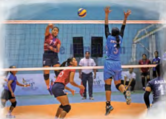 Volleyball: two teams try to send the ball over a high net.