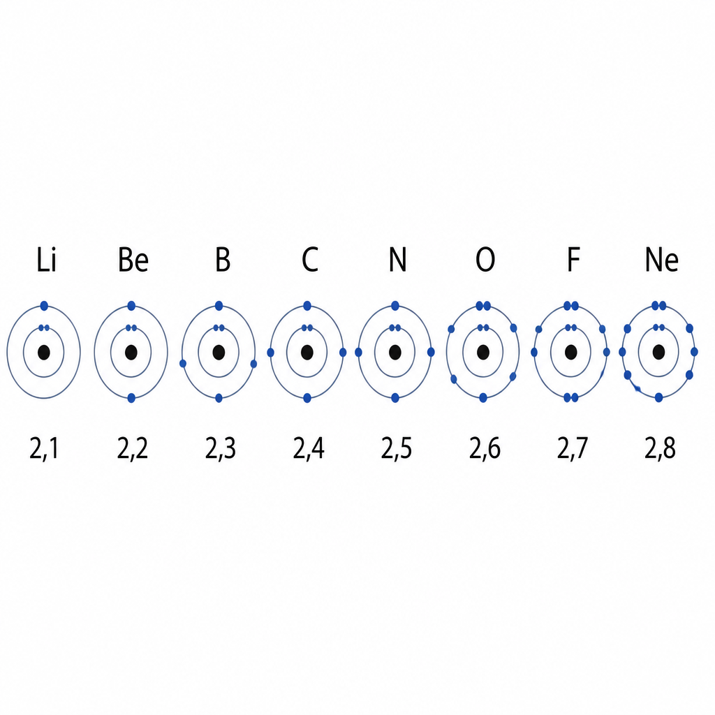 Across one period the number of shells stays the same while the outermost electrons rise one by one from 1 up to 8.