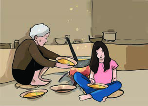 The family eats by the kitchen fire, from simple plates like the earthen one in the story.