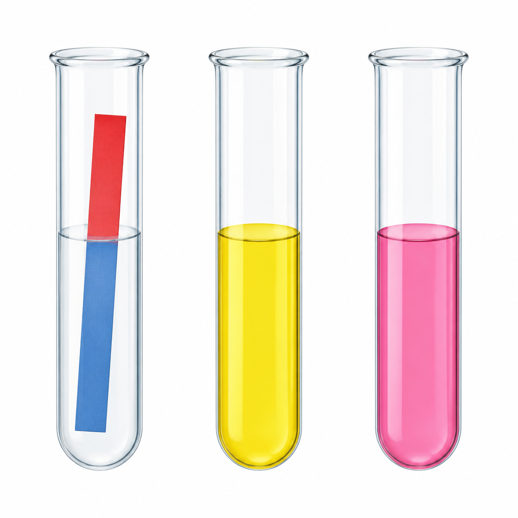 What a base does to each indicator, side by side: red litmus turns blue, methyl orange turns yellow and phenolphthalein turns pink.