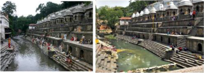 चित्र न. १ (बायाँ) मा घाट सफा छ र नदीमा सफा पानी बगेको छ। चित्र न. २ (दायाँ) मा घाटवरपर फोहोर थुप्रिएको छ र नदीको पानी फोहोर छ।