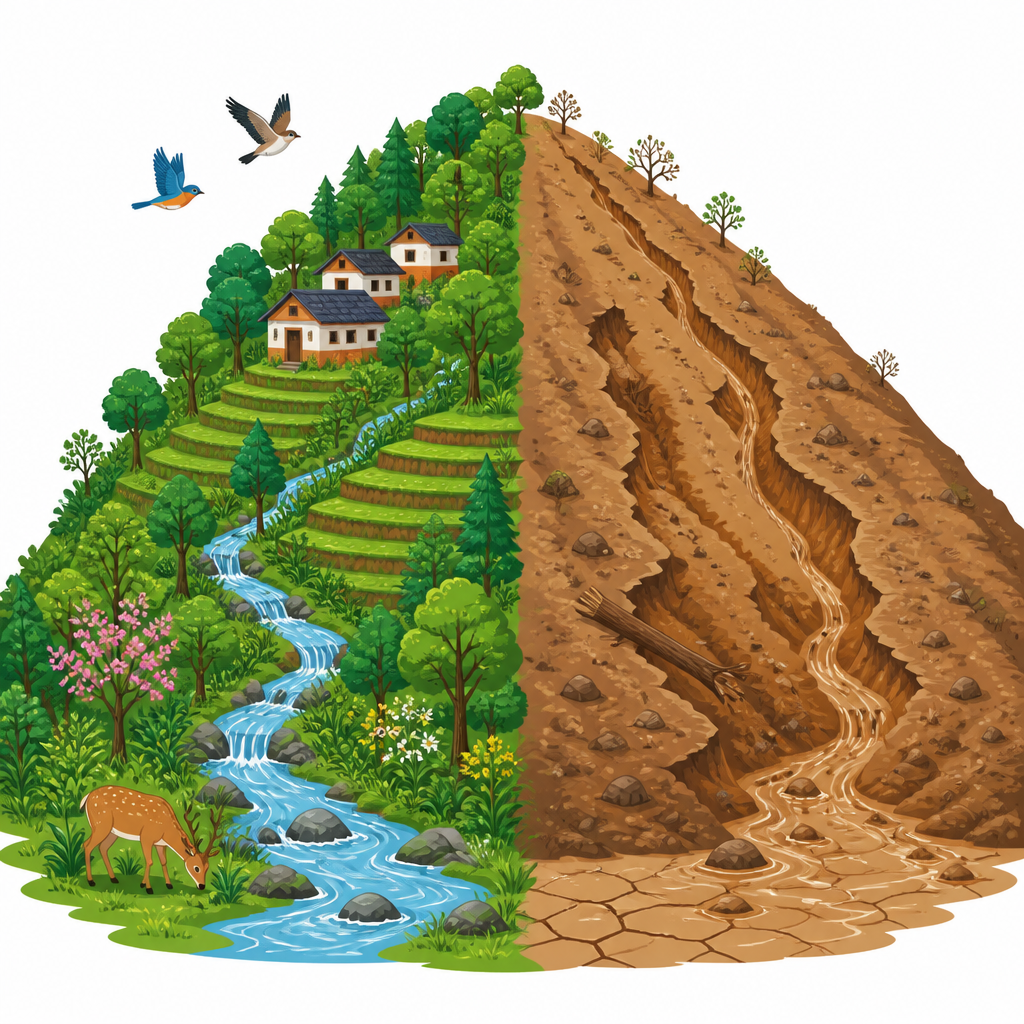 The same hillside when it is cared for and when it is not, which is exactly what Goal 15 sets out to protect.