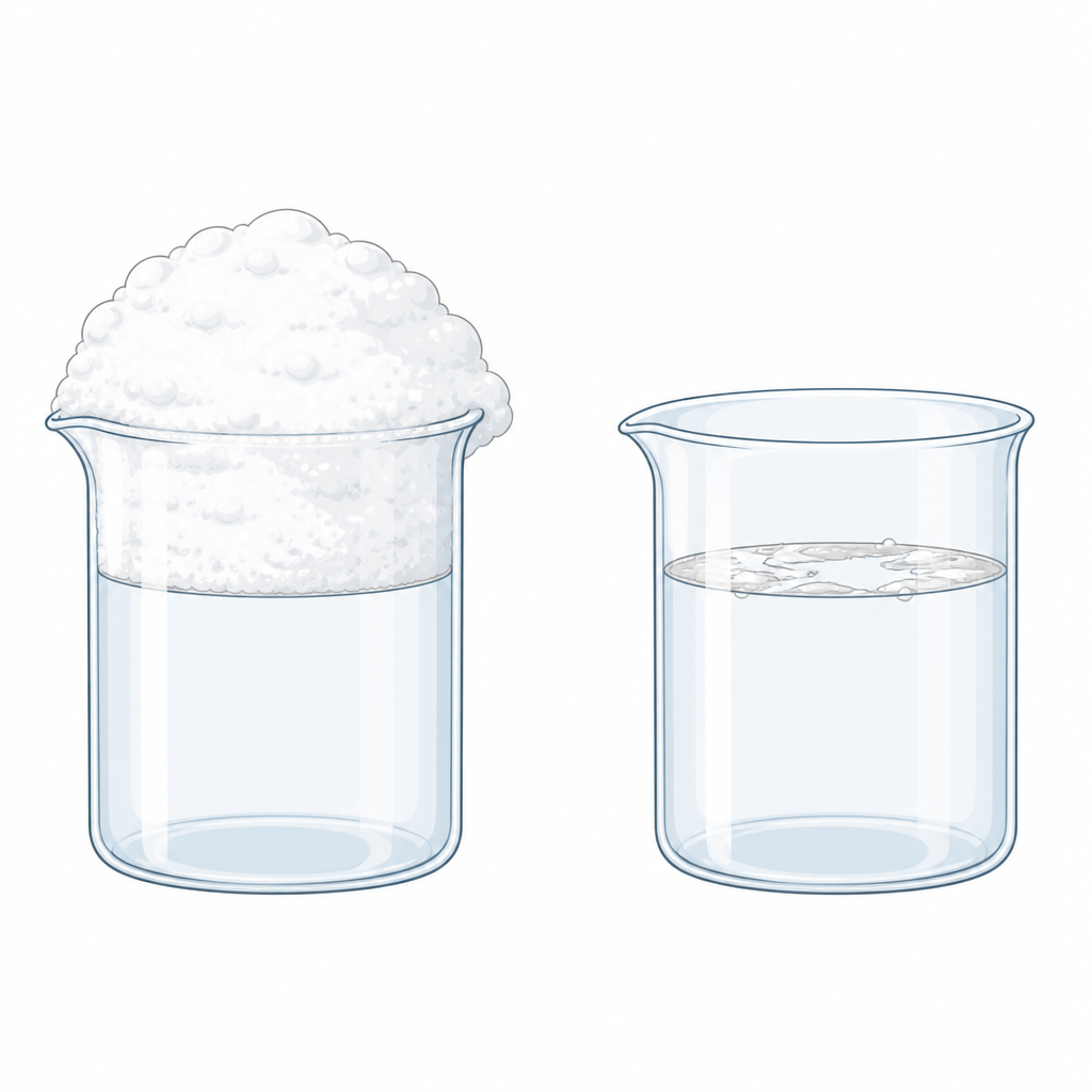The same amount of soap is stirred into two samples that look alike, yet one raises a thick head of foam while the other shows only a few bubbles.