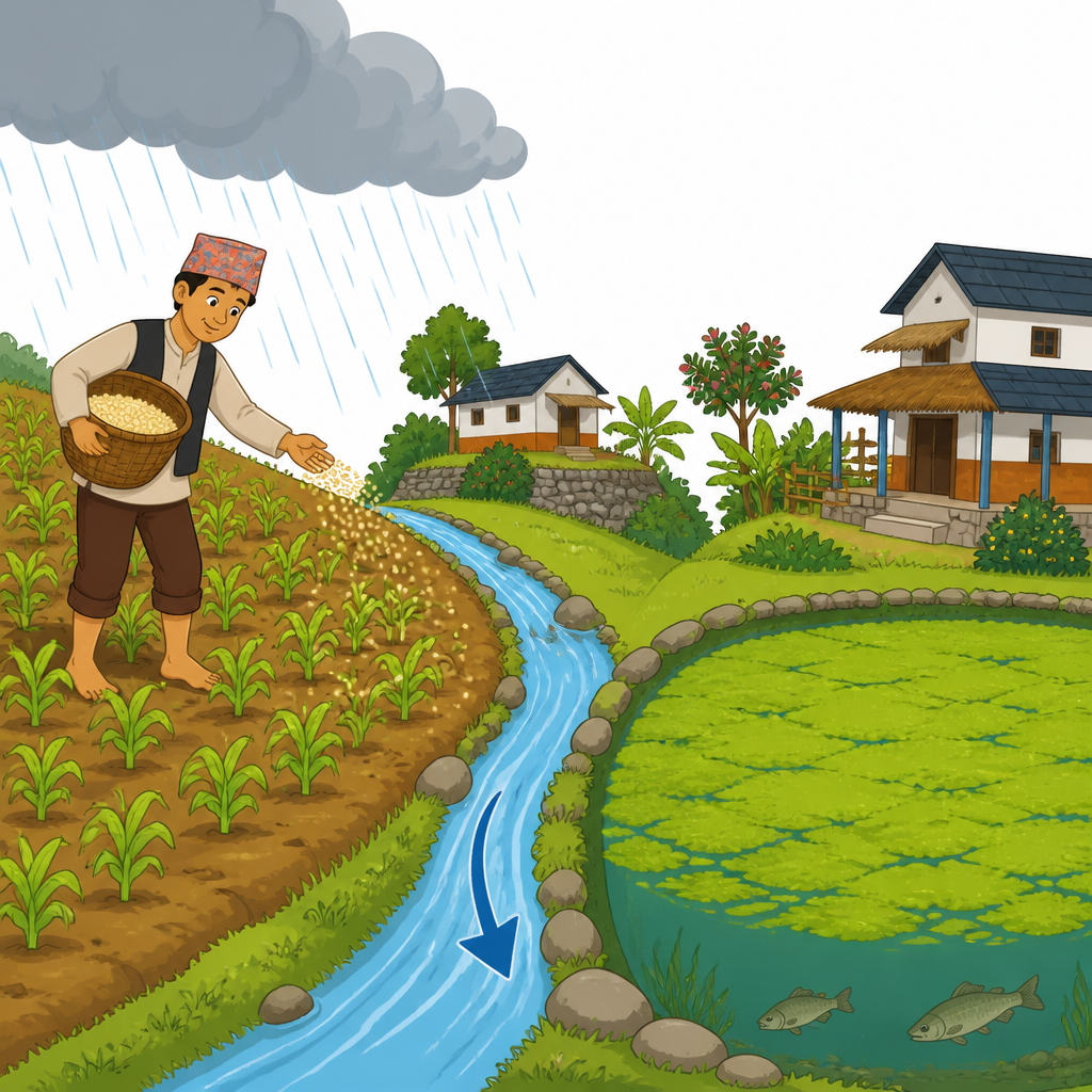 Fertiliser left over in a field is carried by rainwater down into a pond, where the algae grows thicker.