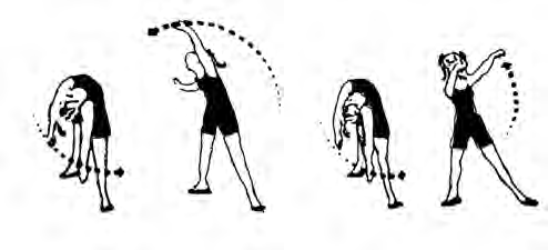 Bending down with the hands outside the feet, then circling the arms up overhead, first to one side and then to the other.