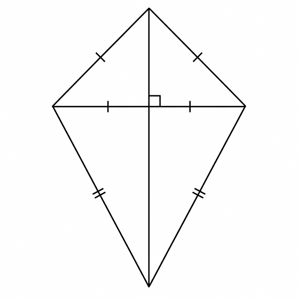 The long diagonal cuts the short one exactly in half at a right angle, and the short diagonal splits the kite into two isosceles triangles.