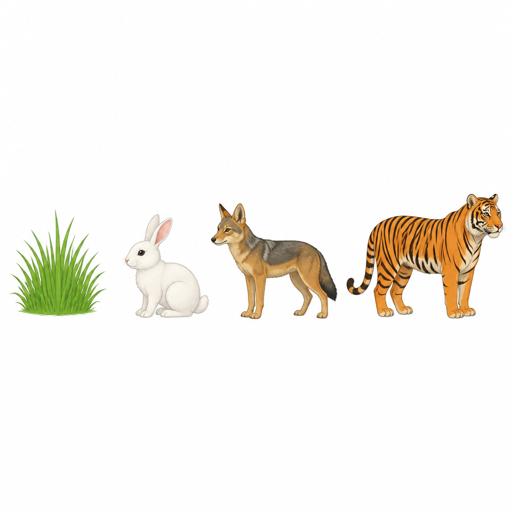 From grass to tiger: the grass is a producer, the rabbit a primary consumer, the jackal a secondary consumer and the tiger a tertiary consumer.