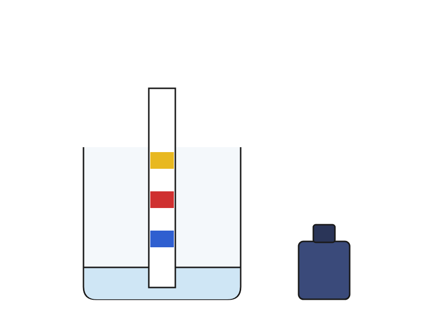 On paper standing in water, the different colours inside one drop of ink come apart and show separately.