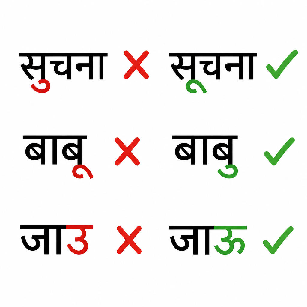 एउटै मात्रा फेरिँदा शब्द कसरी शुद्धबाट अशुद्ध बन्छ भन्ने देखाउने जोडी