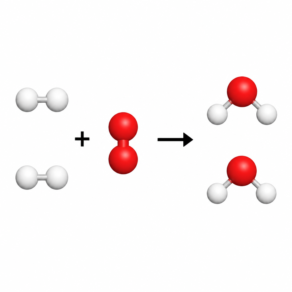 The atoms of two hydrogen molecules and one oxygen molecule rearrange into two water molecules: four hydrogen atoms and two oxygen atoms on each side.