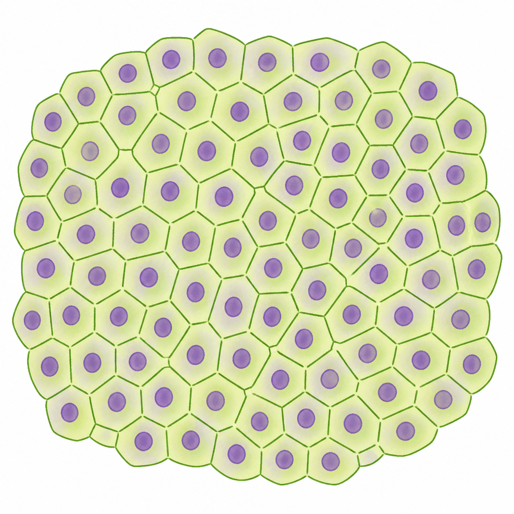 Cells as they appear under a microscope, each one with a dark nucleus inside it.