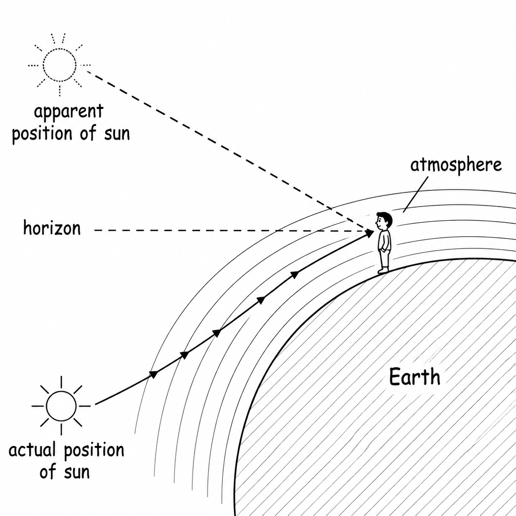 Refraction of sunlight in the atmosphere: the sun below the horizon is seen at an apparent position above it.