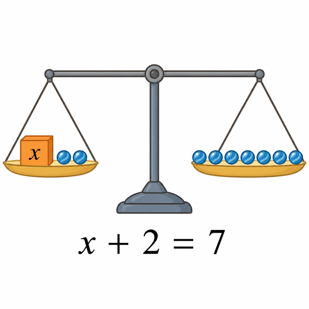 A block marked \( x \) with 2 marbles on the left and 7 marbles on the right is the balance picture of \( x + 2 = 7 \).