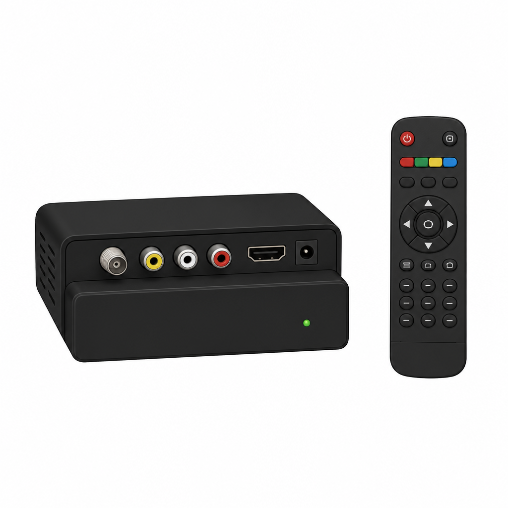 A set-top box with its remote control, the small hardware box that sits beside a television and decodes the signal reaching it.