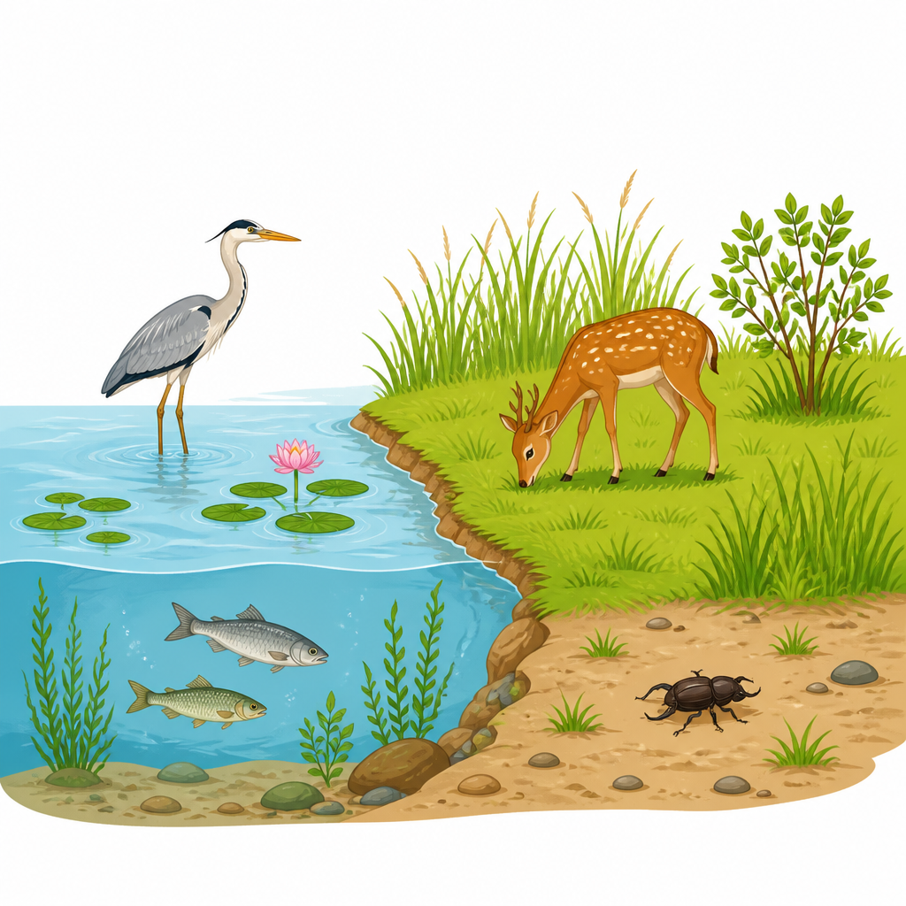 Two different ecosystems inside one area: the living things of the river and of the grassland are different, yet they keep interacting with each other.