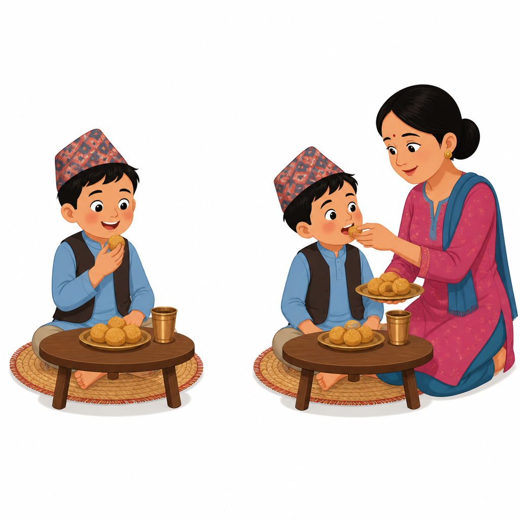 एउटै चित्रमा देब्रेतिर बालक आफैँ खाजा खाइरहेको र दाहिनेतिर आमाले त्यही बालकलाई खुवाइरहेको देखिन्छ, जसले काम आफैँ गर्नु र अर्कैले गर्न लगाउनुबिचको फरक छुट्याउँछ।