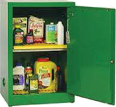 Pesticide containers kept in their own cabinet, apart from food