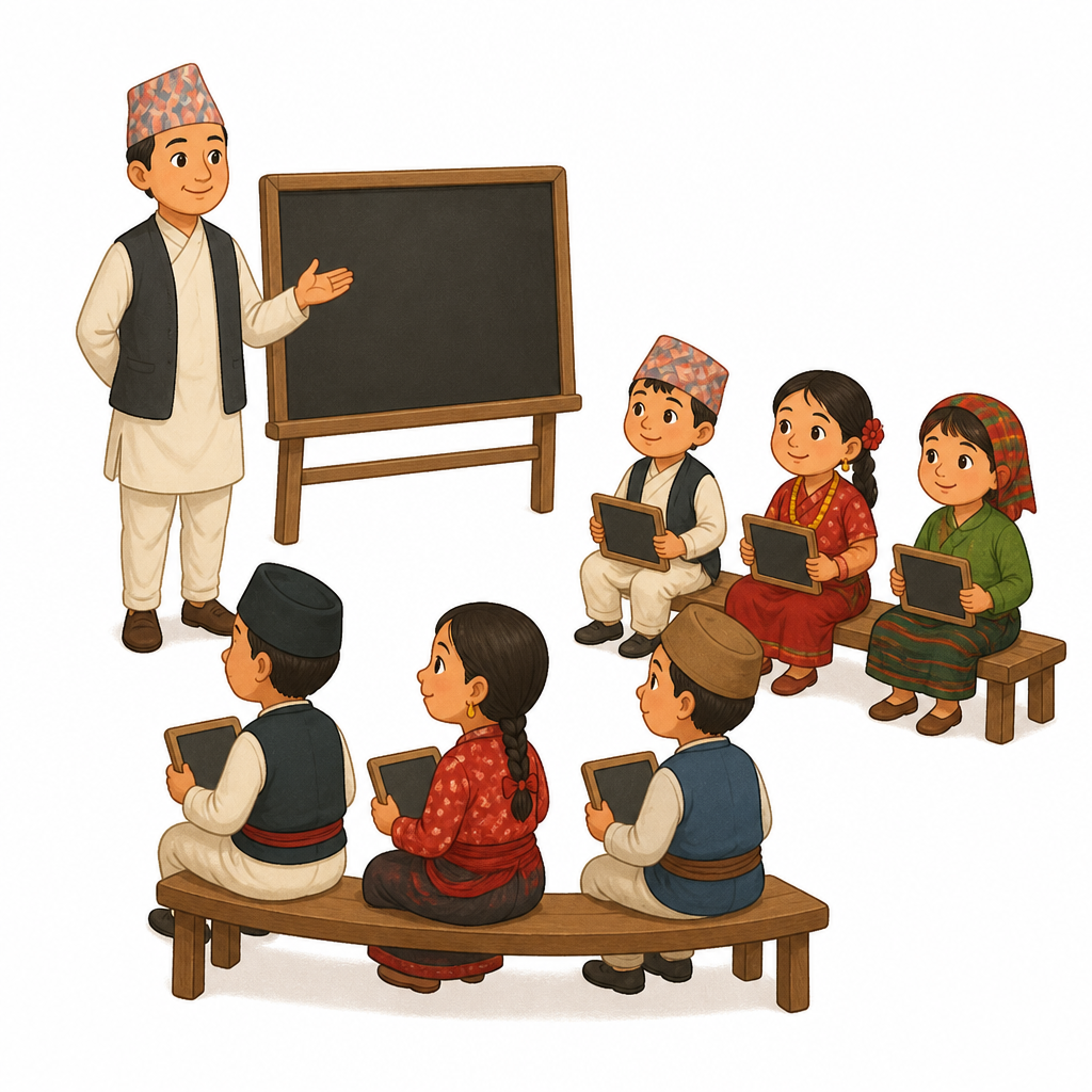 एउटै कक्षाकोठामा सबै समुदायका बालबालिका सँगै बसेर पढ्ने अवस्था कस्तो हुन्छ भन्ने देखाउने चित्र।