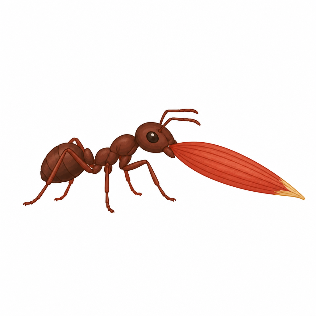 Seeds are dispersed when an ant picks up a grass seed and carries it away to its nest.