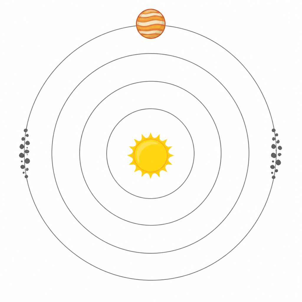 The large banded planet is Jupiter. The two crowds of small rocks sitting on its own orbit, one ahead of it and one behind, are its Trojan asteroids.
