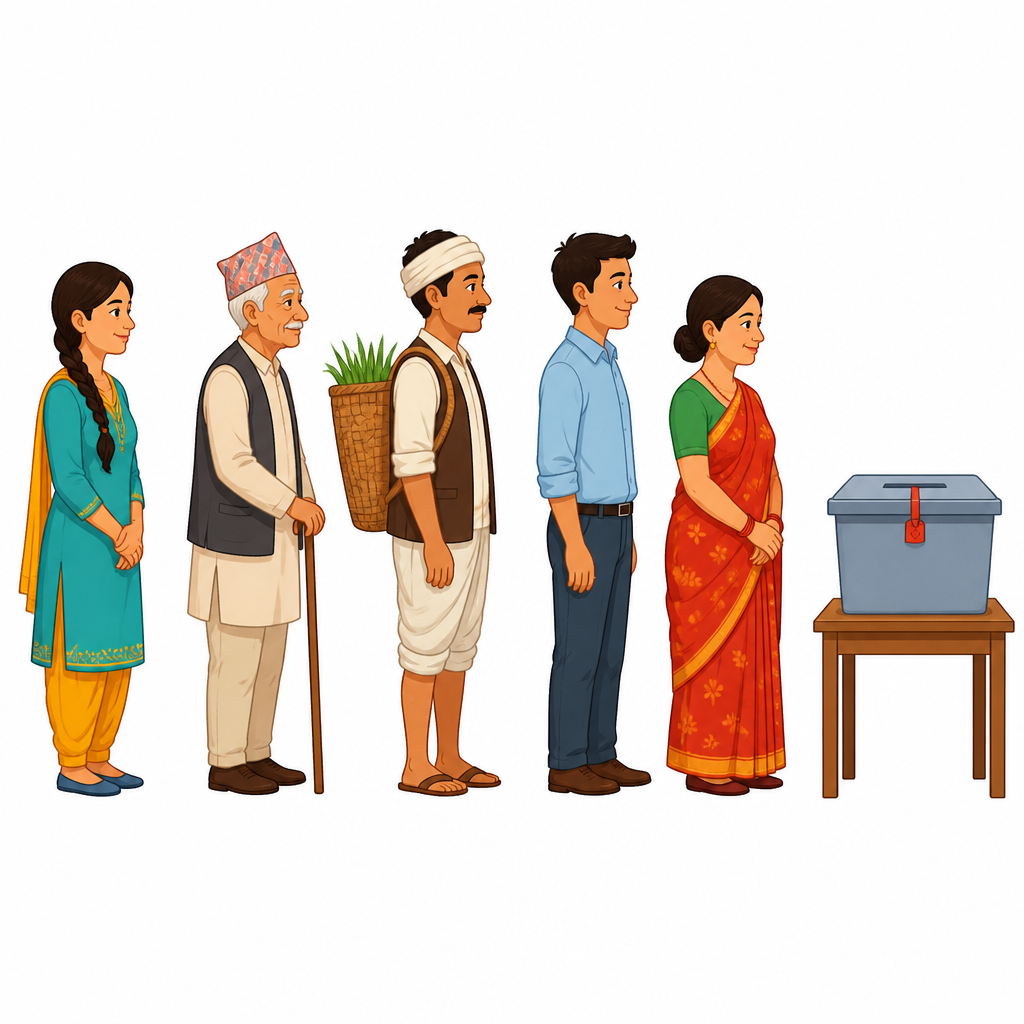 निर्वाचनमा सबै किसिमका नागरिक एउटै लाममा उभिन्छन् र सबैको एउटै मतको मूल्य हुन्छ ।