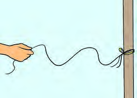 A wave produced in a rope. With one end tied to a support and the other moved up and down by hand, raised and lowered parts run forward along the rope.
