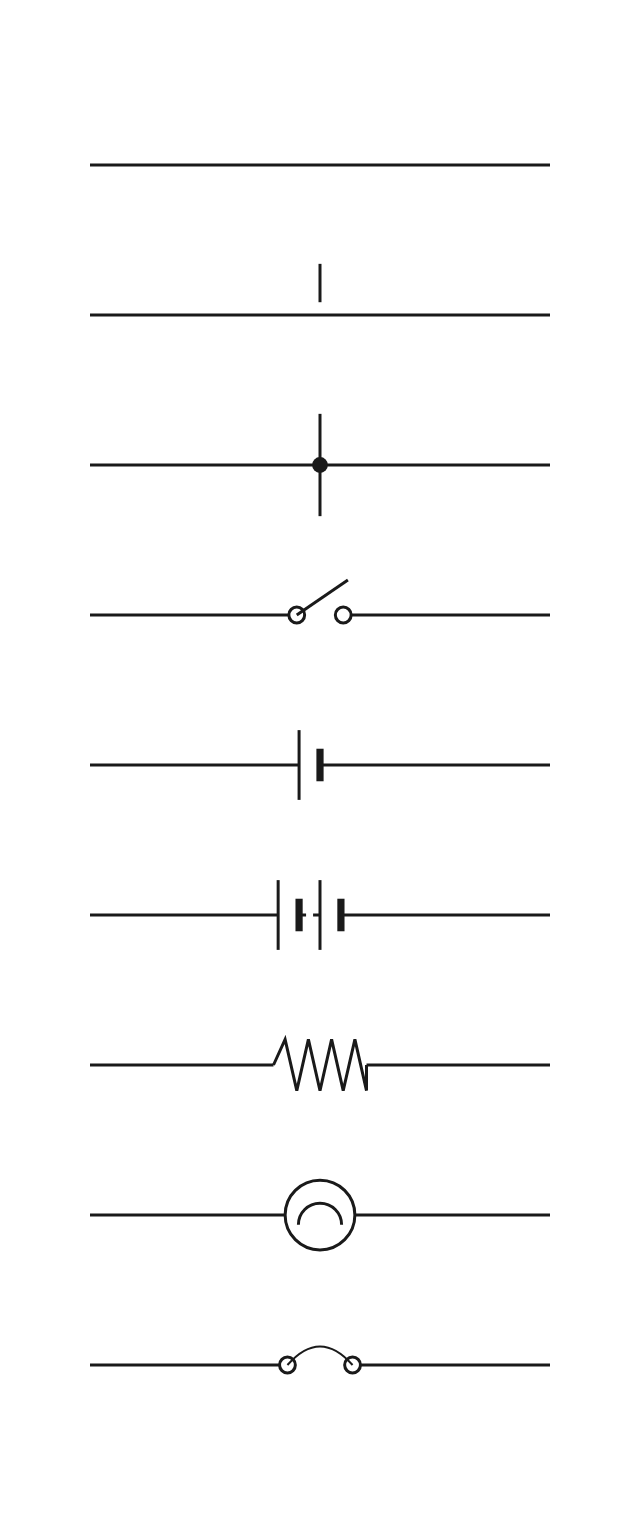 The nine circuit symbols drawn in the same order as the table above, ready to be copied when drawing a circuit.
