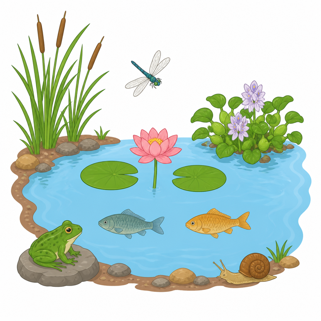 One pond holding both groups: the plants in it make its floral diversity and the animals in it make its faunal diversity.