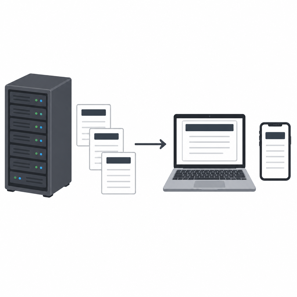 The pages of a website sit on a web server, and once the address is entered those pages are delivered to the user's own device.