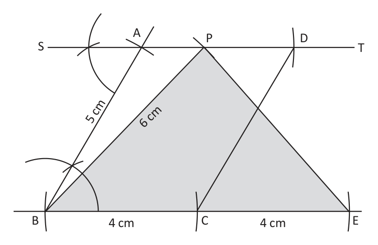 Triangle BPE stands on BE, twice as long as BC, and lies between the same parallels ST and BE as parallelogram ABCD, so the two have equal area.