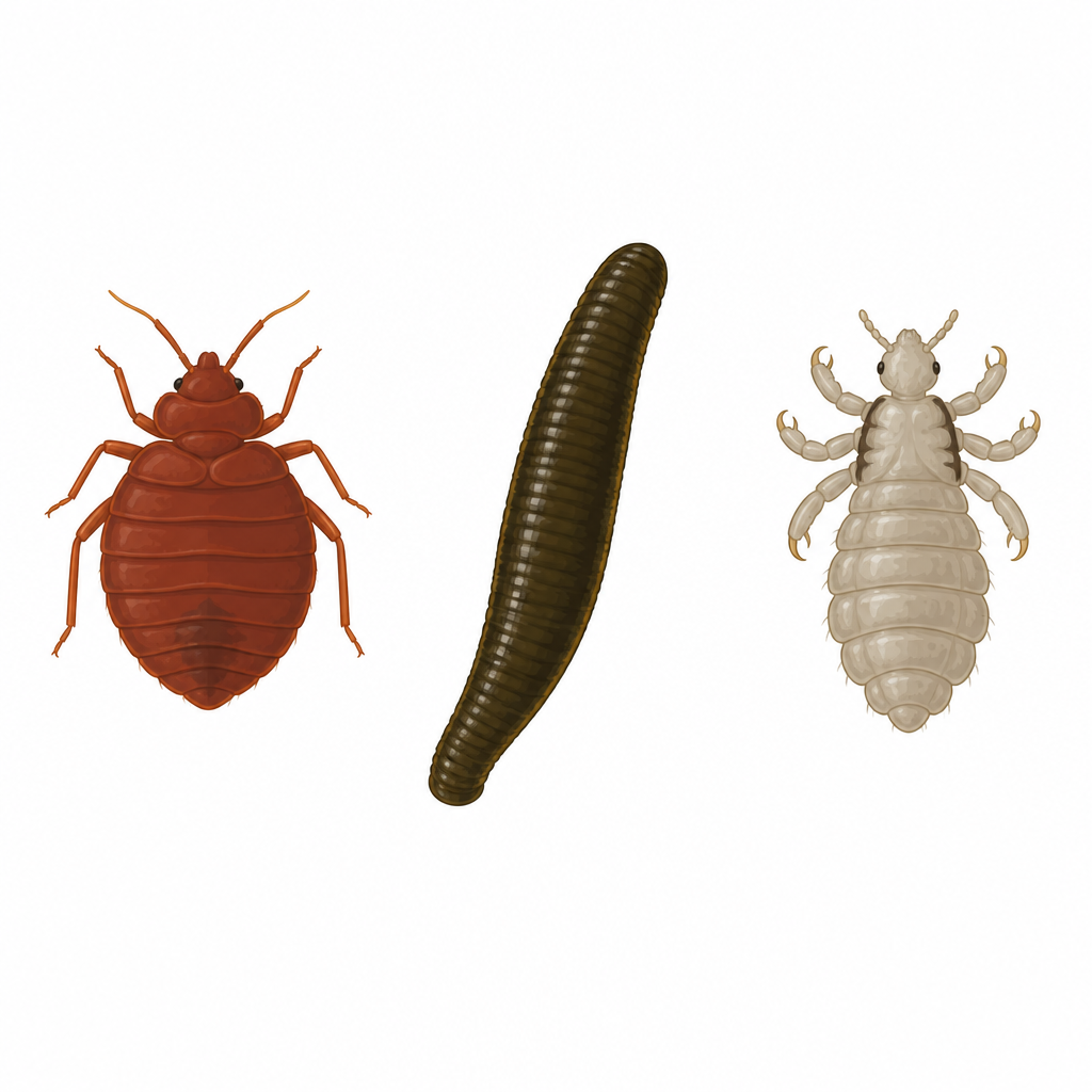 A bed bug, a leech and a louse, three ectoparasites that live by sucking blood from outside the body.