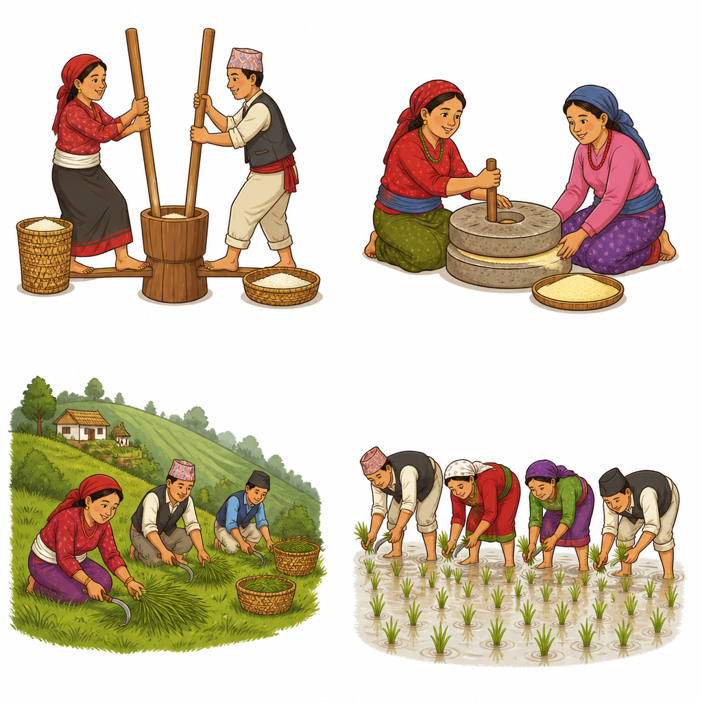 ढिकीजाँतो, घाँसदाउरा र मेलापातजस्ता कामका बिचमै लोकभाका गुन्जिन्छन् ।