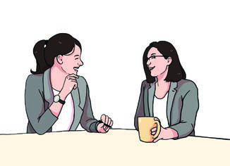Two women chatting over a cup of tea. Guessing where they are and what they might talk about is the first step of the listening task.