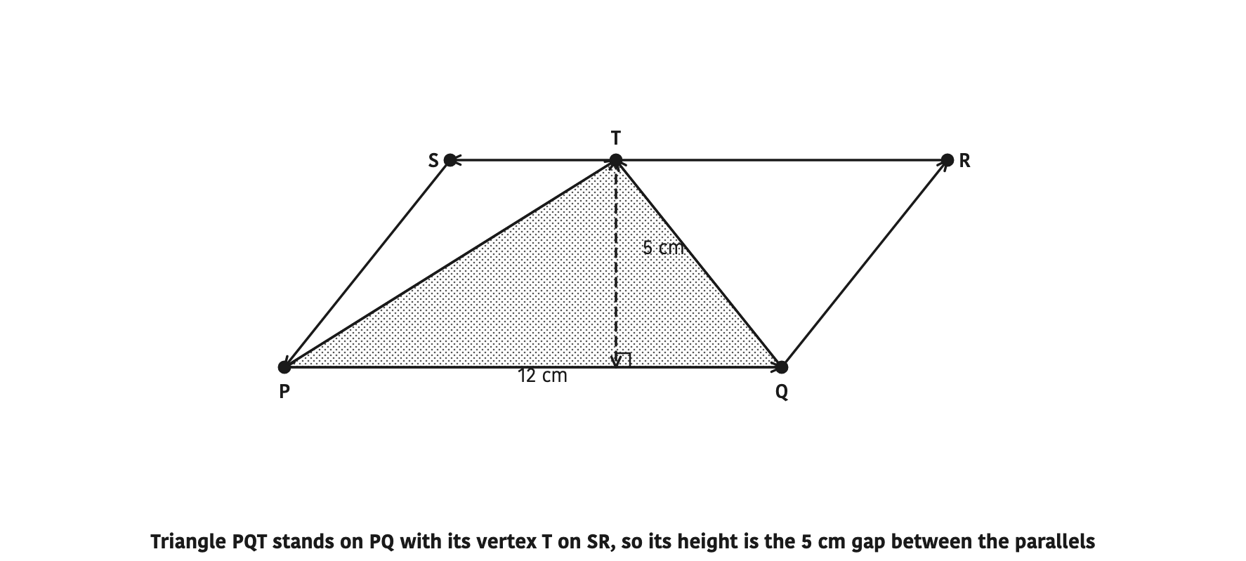 Triangle PQT stands on PQ with its vertex T on SR, so its height is the 5 cm gap between the parallels