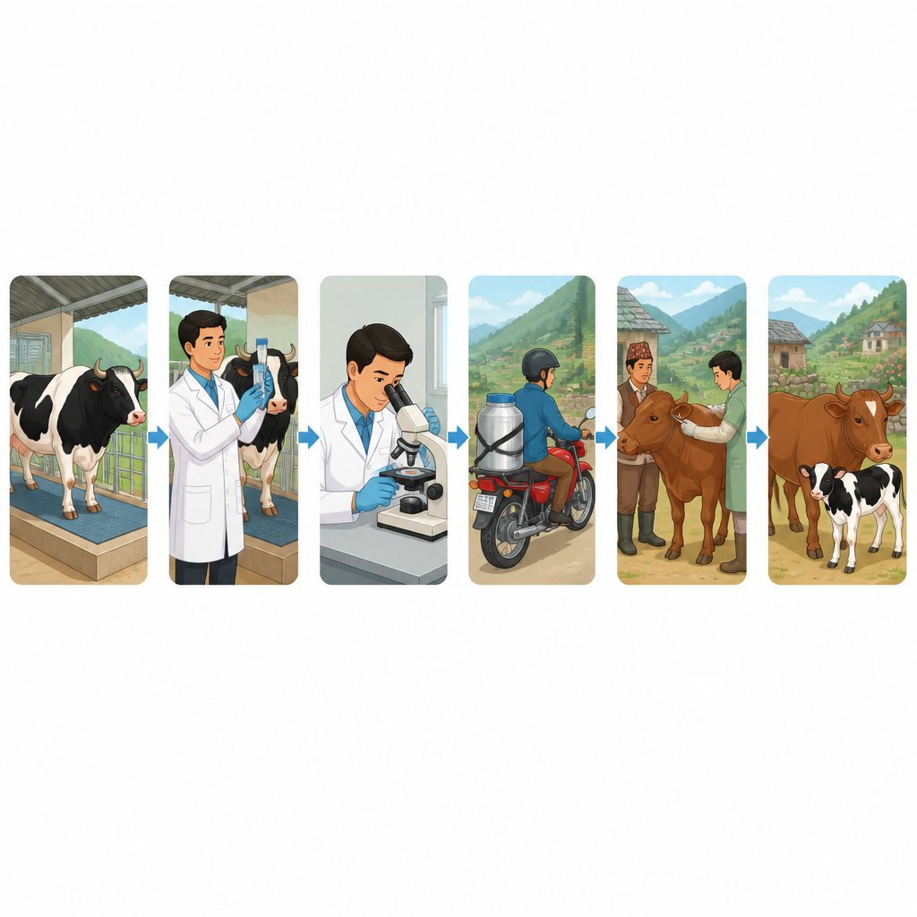 From a bull of an advanced breed to a newborn calf: semen is collected, checked, carried and placed in the cow's uterus at the right time.