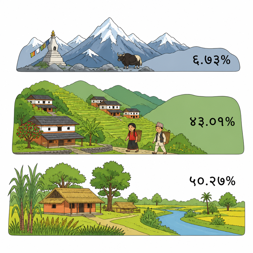 हिमाल, पहाड र तराईमा देशको जनसङ्ख्या कुन अनुपातमा बाँडिएको छ भन्ने एकै नजरमा देखाउने चित्र।
