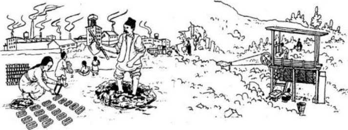 चित्र न. ३: चिम्नीबाट निस्केको धुवाँ, इँटा बनाउन खनिएको माटो, खानीका लागि खनिएको पहाड र रूख काटिएर नाङ्गो भएको जमिन एउटै ठाउँमा