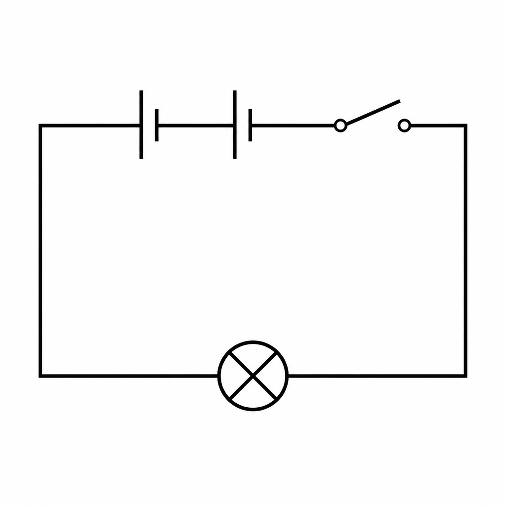 A simple circuit of two dry cells, a switch and a torch bulb: when the switch is on, the bulb glows and warms up