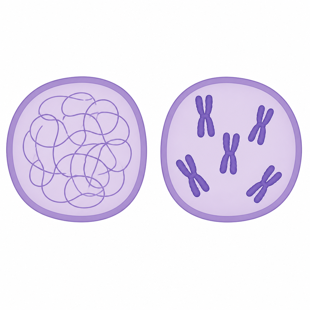 Fine threads spread like a net while the cell is resting, and the same threads short, thick and visible as chromosomes during division.