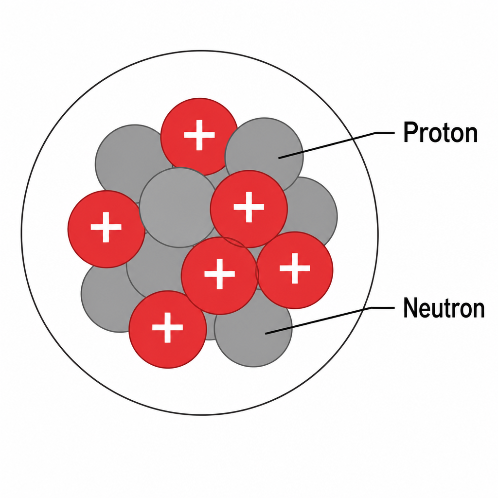 Inside the nucleus the protons and neutrons are packed together, and almost the whole mass of the atom is held here.