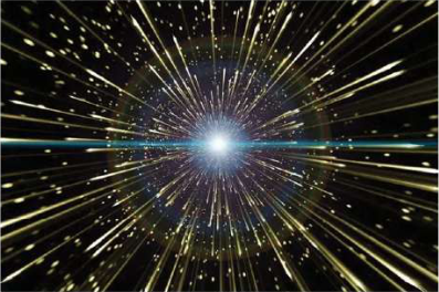 Huge explosion of the atom: in the Big Bang theory, all matter burst outward in every direction from one tiny, dense point.