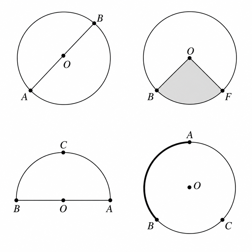In order: the diameter AB, the sector BOF, the semi-circle ABC, and the arc AB.
