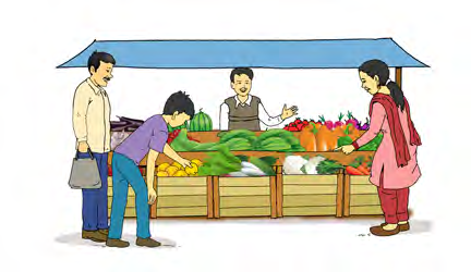 Shoppers at a vegetable stall. A question you could ask here: How much do the tomatoes cost?