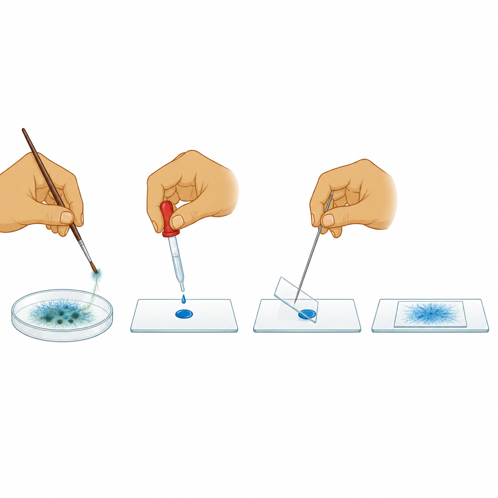 The order of making a temporary slide. The coverslip is lowered onto the drop of stain at an angle so that no air is trapped under it.